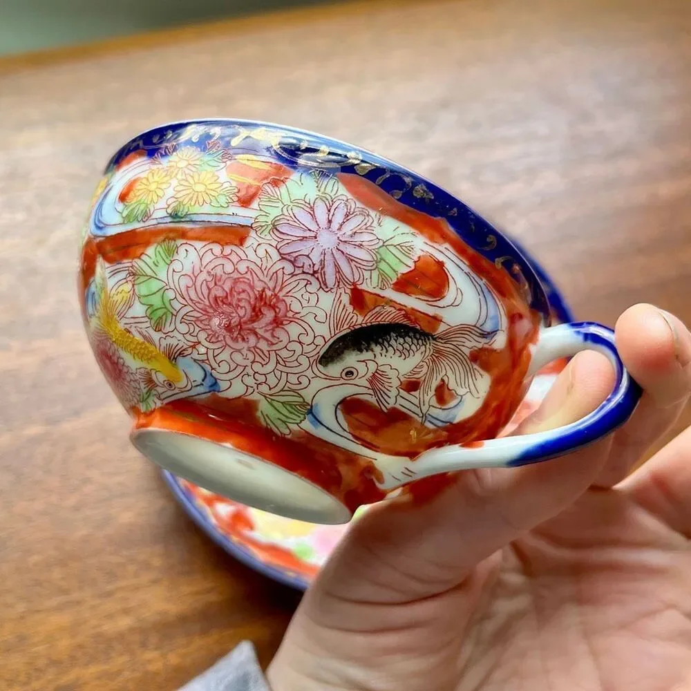 VTG Japanese Koi Fish Teacup & Saucer Set Red Floral Cobalt Rim Porcelain